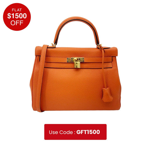 HERMES Kelly 28 Clemence Leather Shoulder Bag Orange