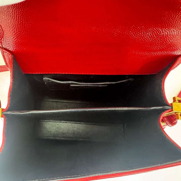 YVES SAINT LAURENT Cassandra Mini Grain De Poudre Leather Top Handle Shoulder Bag Red