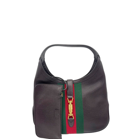 GUCCI Jackie Medium Web Soft Grain Leather Hobo Bag Brown 365458