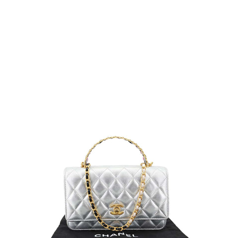 Chanel Rainbow Woven WOC Calfskin Leather Top Handle Bag Metallic Silver