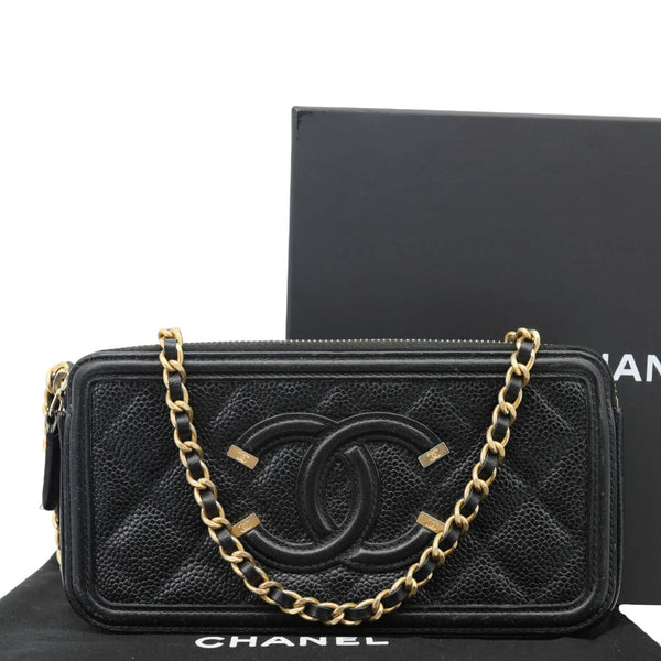 CHANEL CC Filigree Double Zip Quilted Caviar Leather Crossbody Bag Black