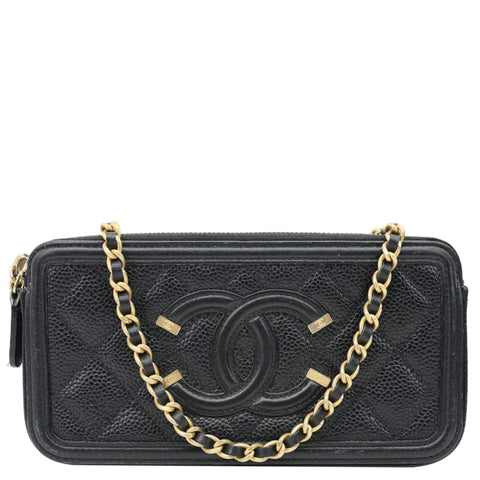CHANEL CC Filigree Double Zip Quilted Caviar Leather Crossbody Bag Black