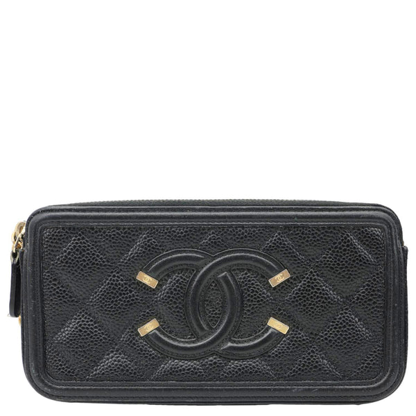 CHANEL CC Filigree Double Zip Quilted Caviar Leather Crossbody Bag Black