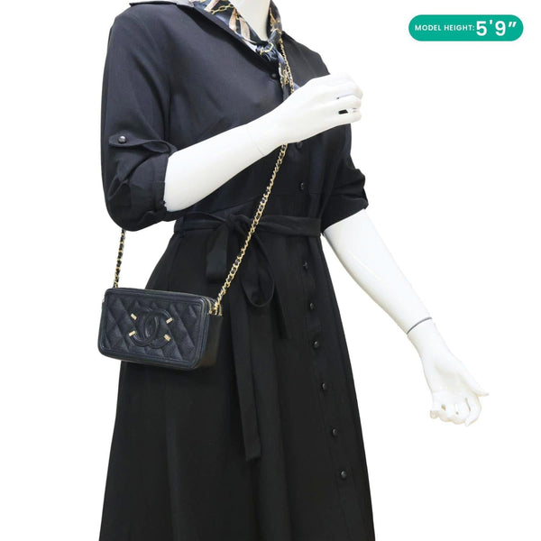 CHANEL CC Filigree Double Zip Quilted Caviar Leather Crossbody Bag Black