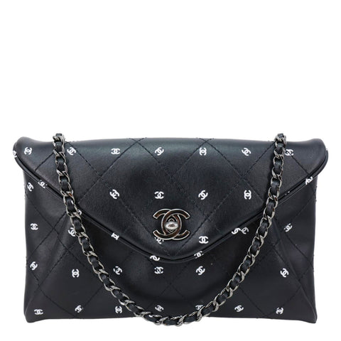 CHANEL CC Envelope Printed Lambskin Leather Chain Clutch Bag Black