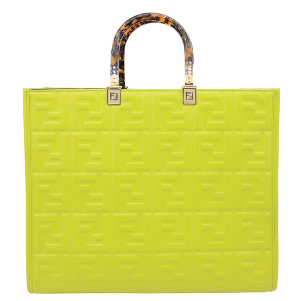 FENDI Sunshine Medium Zucca Embossed Leather Shopper Tote Bag Green