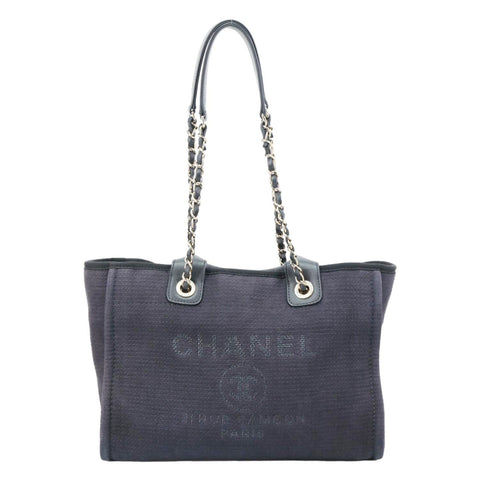 CHANEL Deauville Canvas Shopping Tote Bag Navy Blue