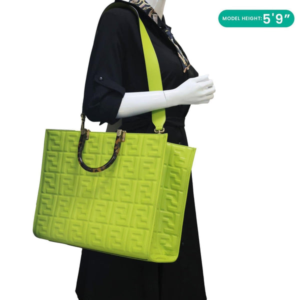 FENDI Sunshine Medium Zucca Embossed Leather Shopper Tote Bag Green
