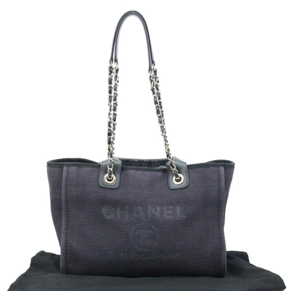 CHANEL Deauville Canvas Shopping Tote Bag Navy Blue