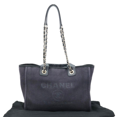CHANEL Deauville Canvas Shopping Tote Bag Navy Blue
