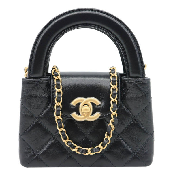 CHANEL Kelly Mini Nano Quilted Shiny Aged Calfskin Leather Tote Crossbody Bag Black