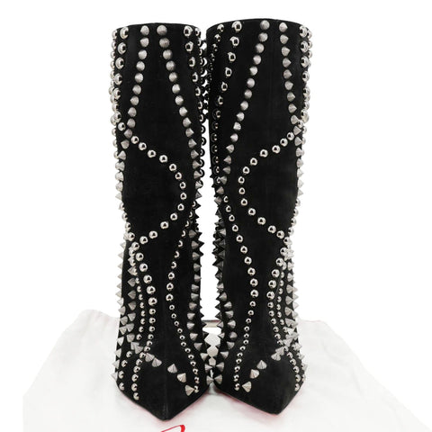 CHRISTIAN LOUBOUTIN Astrilarge Spike Suede Pika Red Sole Boots Black Size 36
