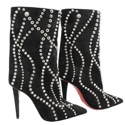 CHRISTIAN LOUBOUTIN Astrilarge Spike Suede Pika Red Sole Boots Black Size 36