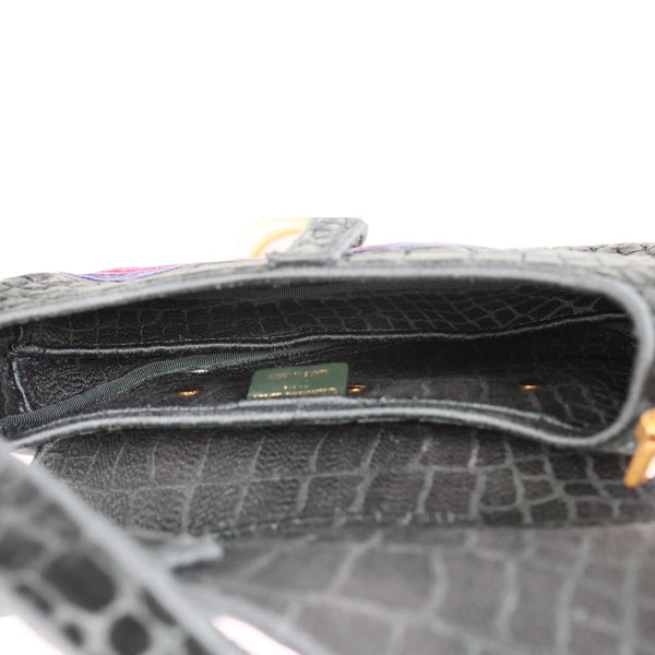 CHRISTIAN DIOR Saddle Crocodile Embossed Velvet Shoulder Bag Dark Green