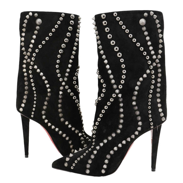 CHRISTIAN LOUBOUTIN Astrilarge Spike Suede Pika Red Sole Boots Black Size 36