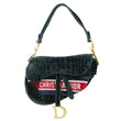 CHRISTIAN DIOR Saddle Crocodile Embossed Velvet Shoulder Bag Dark Green