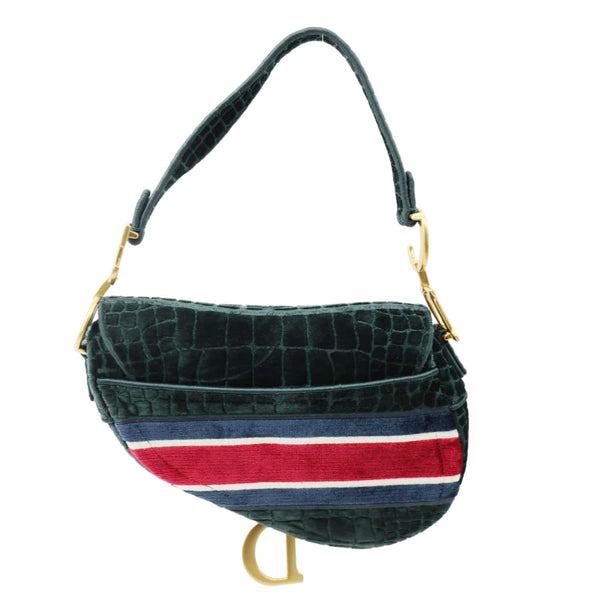CHRISTIAN DIOR Saddle Crocodile Embossed Velvet Shoulder Bag Dark Green