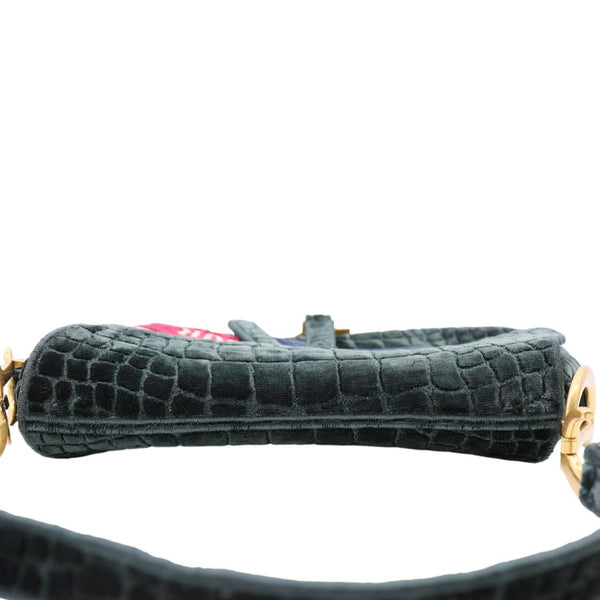 CHRISTIAN DIOR Saddle Crocodile Embossed Velvet Shoulder Bag Dark Green