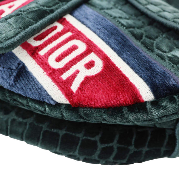 CHRISTIAN DIOR Saddle Crocodile Embossed Velvet Shoulder Bag Dark Green