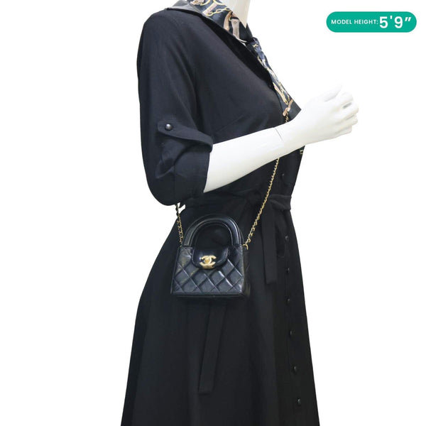 CHANEL Kelly Mini Nano Quilted Shiny Aged Calfskin Leather Tote Crossbody Bag Black