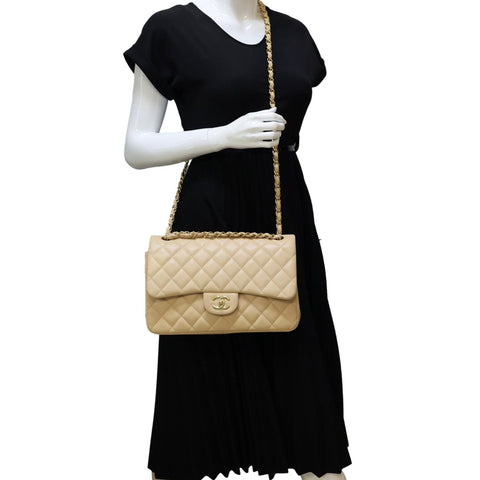 CHANEL Jumbo Classic Double Flap Quilted Lambskin Leather Shoulder Bag Beige