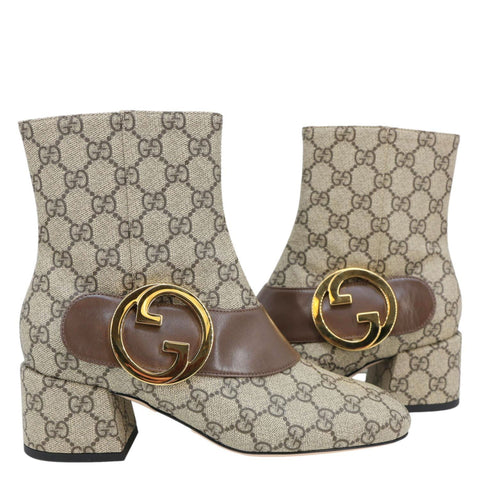 Gucci GG Supreme Leather Trim Embellishment Boots Beige Size 38