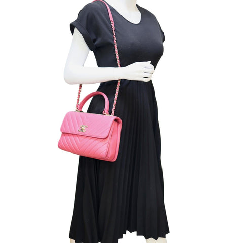 CHANEL Trendy CC Small Chevron Leather Top Handle Shoulder Bag Pink