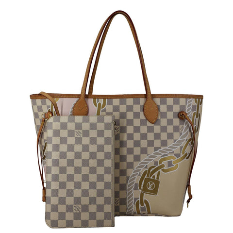 LOUIS VUITTON Neverfull Nautical MM Damier Azur Tote Shoulder Bag White