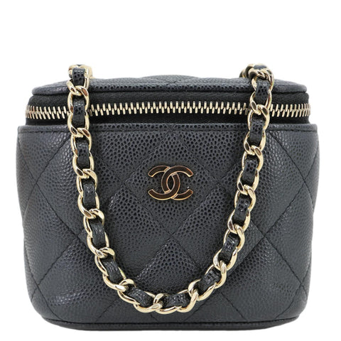 CHANEL Vanity Case Mini Quilted Caviar Leather Chain Crossbody Bag Black