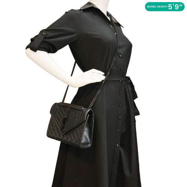 YVES SAINT LAURENT Envelope Flap Mixed Matelasse Grain De Poudre Chain Shoulder Bag Black