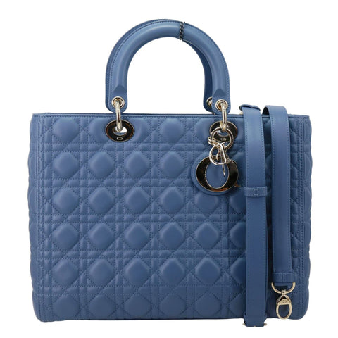 CHRISTIAN DIOR Lady Dior Large Cannage Quilted Lambskin Leather Shoulder Bag Blue