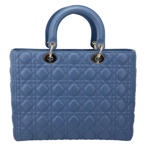 CHRISTIAN DIOR Lady Dior Large Cannage Quilted Lambskin Leather Shoulder Bag Blue