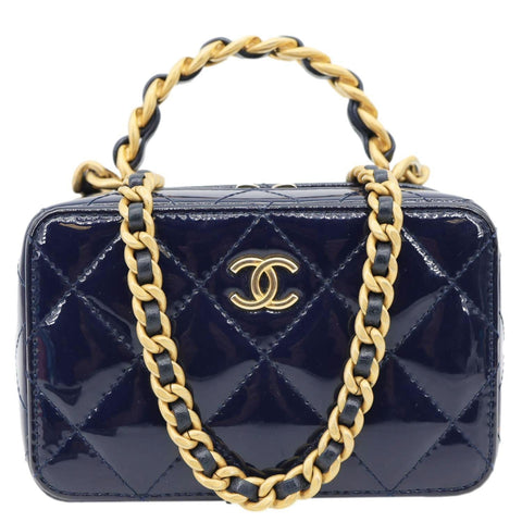CHANEL Woven Chain Vanity Case Mini Patent Leather Top Handle Shoulder Bag Blue