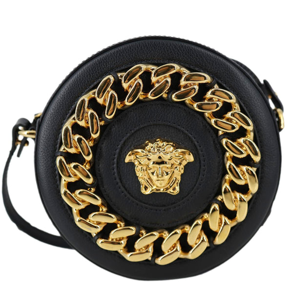 VERSACE La Medusa Mini Calfskin Leather Round Crossbody Bag Black