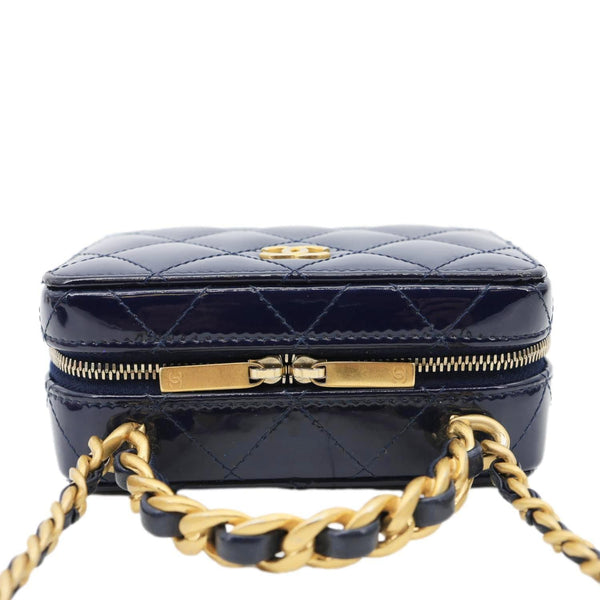 CHANEL Woven Chain Vanity Case Mini Patent Leather Top Handle Shoulder Bag Blue