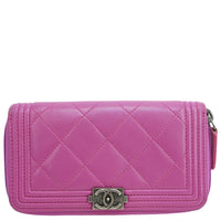 Chanel  Boy Quilted Leather Zip Around Wallet Purple