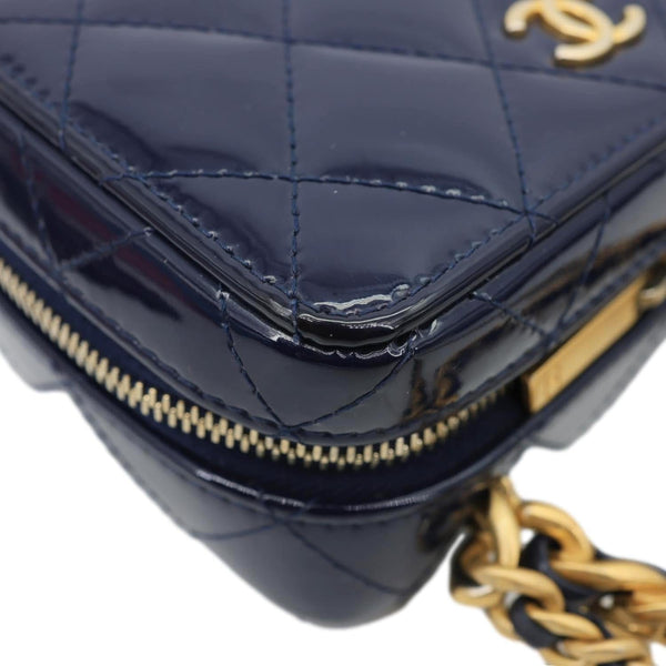 CHANEL Woven Chain Vanity Case Mini Patent Leather Top Handle Shoulder Bag Blue