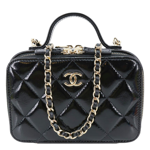 Chanel CC Double Zip Quilted Glazed Lambskin Leather Top Handle Vanity Case Black