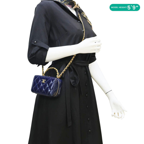 CHANEL Woven Chain Vanity Case Mini Patent Leather Top Handle Shoulder Bag Blue