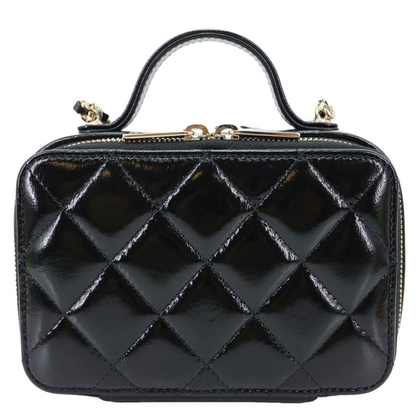 Chanel CC Double Zip Quilted Glazed Lambskin Leather Top Handle Vanity Case Black