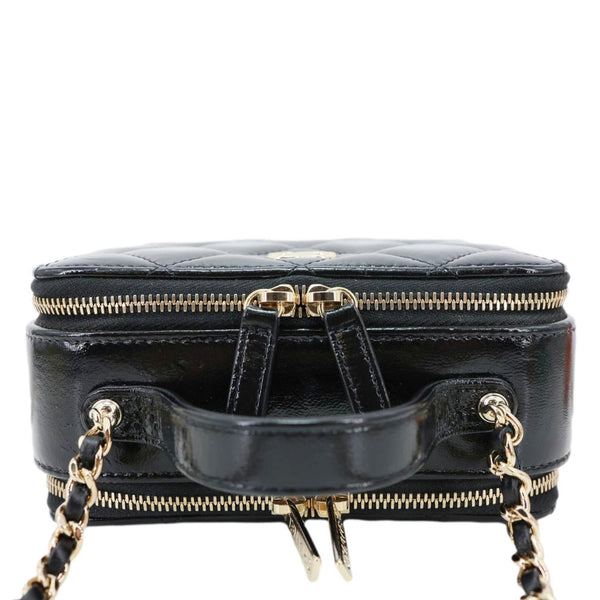 Chanel CC Double Zip Quilted Glazed Lambskin Leather Top Handle Vanity Case Black