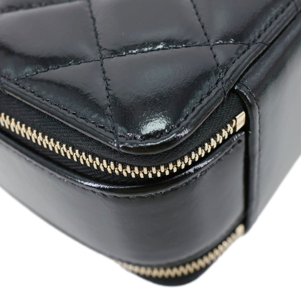 Chanel CC Double Zip Quilted Glazed Lambskin Leather Top Handle Vanity Case Black