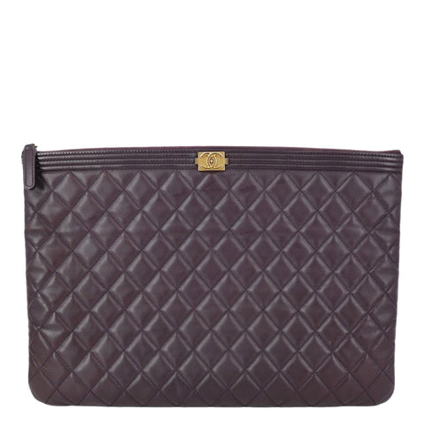 CHANEL Boy O Case Large Quilted Lambskin Leather Zip Pouch Purple