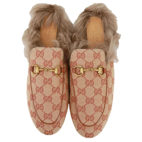 GUCCI Princetown Monogram Fur Men's Mules Size 37.5 Beige