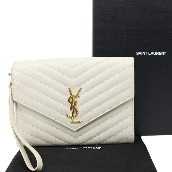 YVES SAINT LAURENT Monogram Leather Wristlet Clutch White