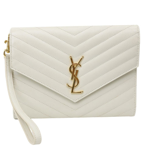 YVES SAINT LAURENT Monogram Leather Wristlet Clutch White