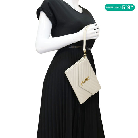 YVES SAINT LAURENT Monogram Leather Wristlet Clutch White