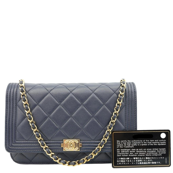 CHANEL Boy Quilted Calfskin Leather Wallet On Chain Crossbody Bag Navy Blue