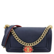 CHANEL Boy Flap Medium Cube Embossed Leather Shoulder Bag Navy Blue