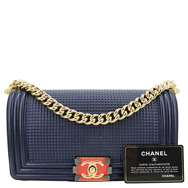 CHANEL Boy Flap Medium Cube Embossed Leather Shoulder Bag Navy Blue